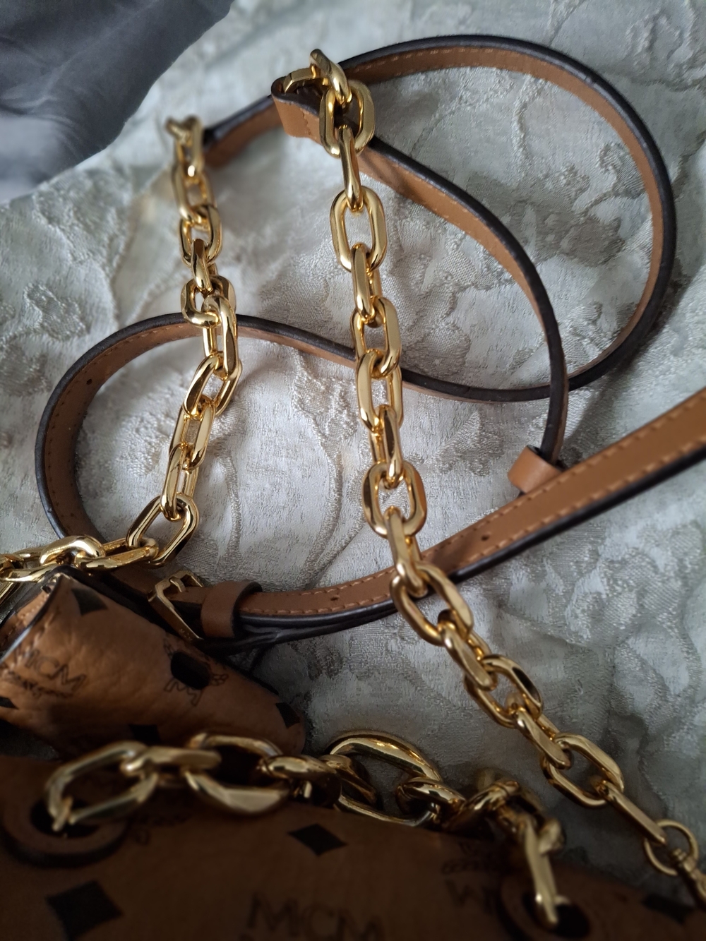 MCM Cognac Visetos Leather Chain Shoulder Bag, Small Coin Purse Attached - Picture 6 of 10